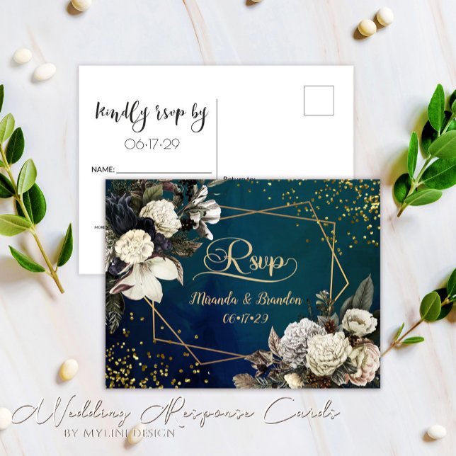 Moderne florale Emerald Green Gold Wedding RSVP Ca Ankündigungspostkarte (Von Creator hochgeladen)