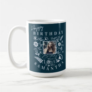 Moderne florale Geburtstags-Typografie-Foto-Doodle Kaffeetasse