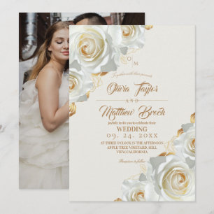 Moderne Florale Gold- und Elfenbeinrosen-Hochzeit Einladung