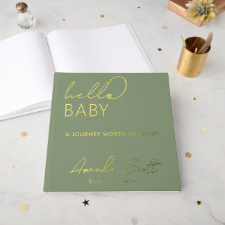 Moderne Florale Hello Baby  Salbeigrüne Babyparty  Gästebuch