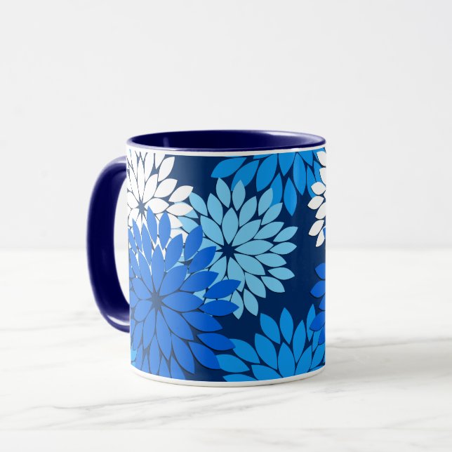 Moderne florale Kimono Print, Blue, Aqua & Navy Tasse (Vorderseite Links)