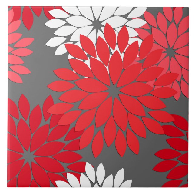 Moderne florale Kimono Print, Korallenrot und Grau Fliese (Vorderseite)