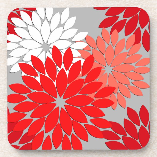 Moderne florale Kimono Print, Korallenrot und Grau Getränkeuntersetzer (Vorderseite)