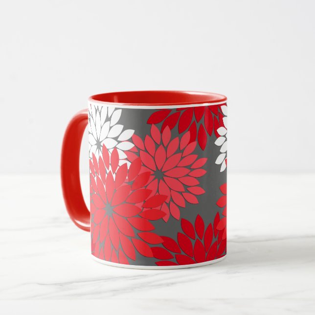Moderne florale Kimono Print, Korallenrot und Grau Tasse (Vorderseite Links)