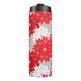 Moderne florale Kimono Print, Korallenrot und Grau Thermosbecher