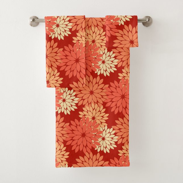 Moderne florale Kimono Print, Mandarin Orange Badhandtuch Set (Insitu)