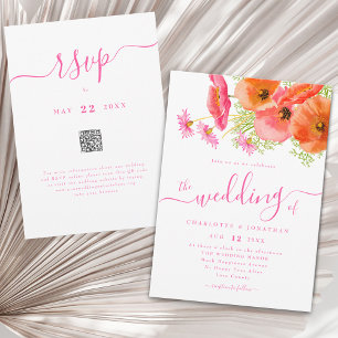 Moderne Florale Lebendige Pink Orange Hochzeits-QR Einladung