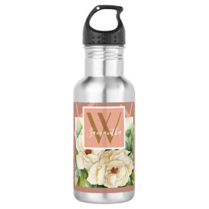 Moderne florale Magnolia-Rose Gold Monogramm Name Edelstahlflasche