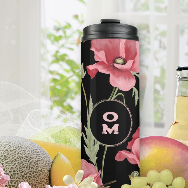 Moderne florale Monogramm rosa Poppe Thermosbecher (Pink Poppy Black Monogram Contrast Thermal Tumbler ©Susanne Sachers - Sunny Mind 🌞)