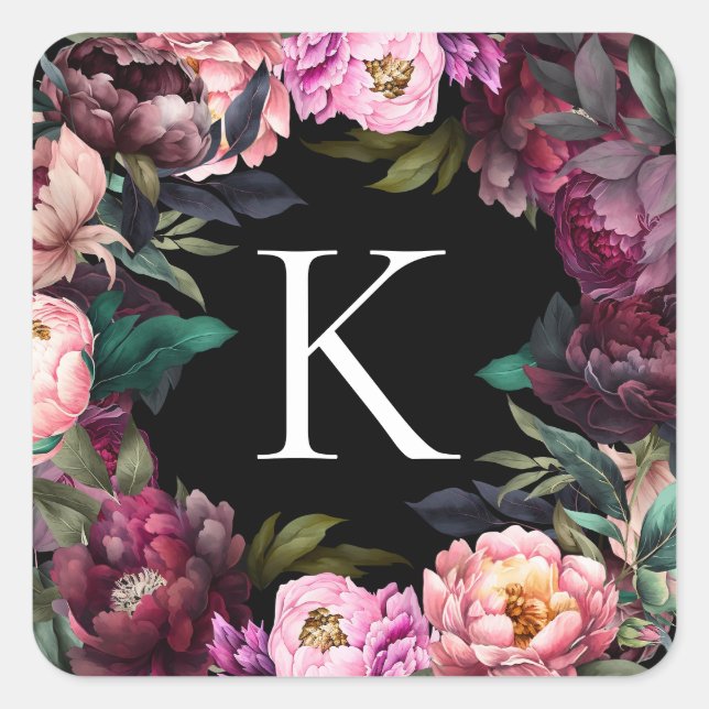 Moderne florale Monogramm | Sweet Peonies Quadratischer Aufkleber (Vorderseite)
