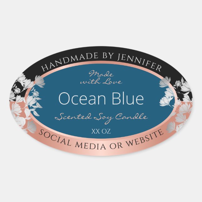 Moderne florale Produktkennzeichnungen Ocean Blue  Ovaler Aufkleber (Vorderseite)