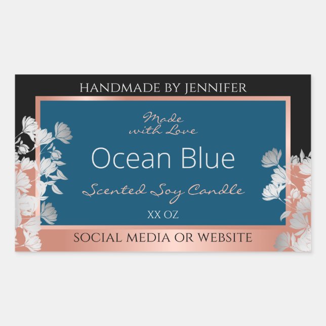 Moderne florale Produktkennzeichnungen Ocean Blue  Rechteckiger Aufkleber (Vorderseite)