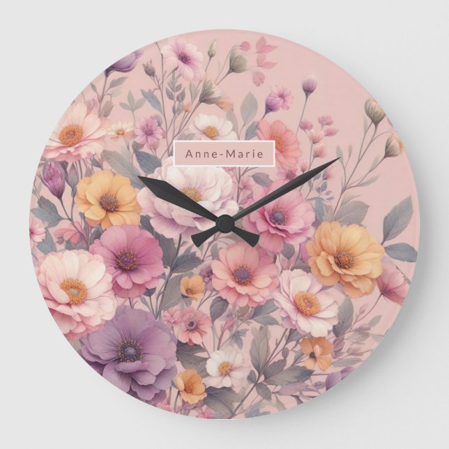 Moderne florale Rose pink mädchenhaft elegant stil Große Wanduhr (Vorderseite)