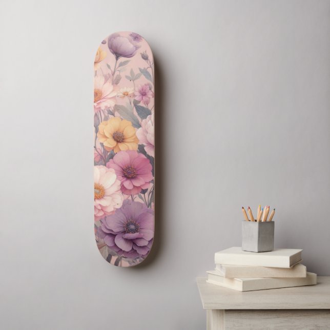Moderne florale Rose pink mädchenhaft elegant stil Skateboard (Wandkunst)