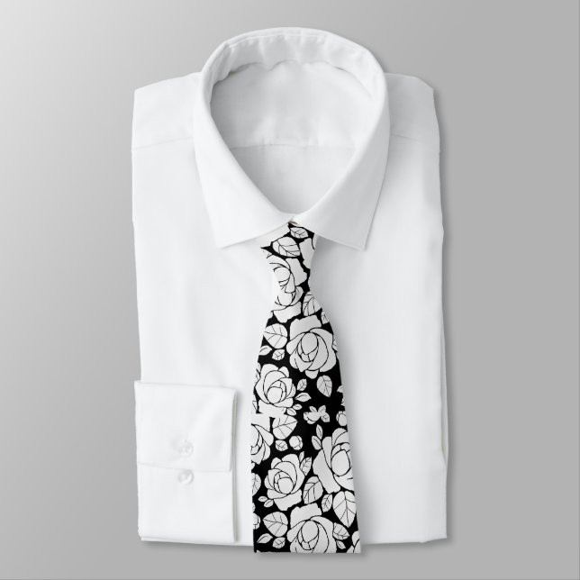 Moderne florale Rose Schwarz-Weiß-Neck-Tie Krawatte (Gebunden)