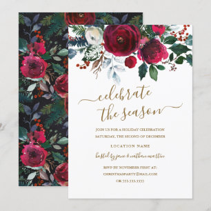 Moderne Florale Rot-Weinrote Goldene Feiertagsfeie Einladung