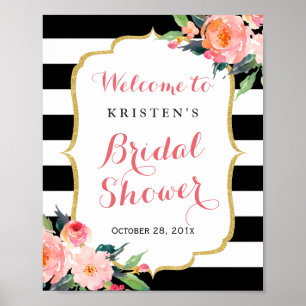 Moderne Florale Schwarze Streifen Brautparty-Schil Poster