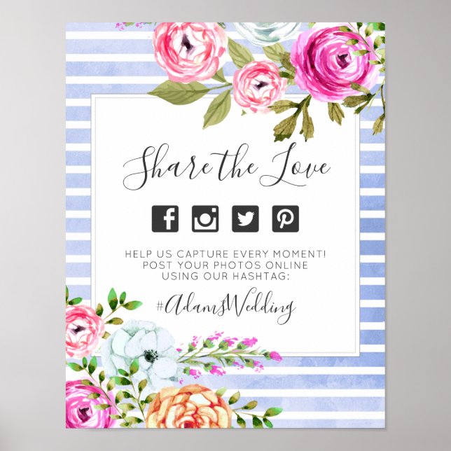 Moderne florale Streifen Hochzeitshashtag Foto Zei Poster (Vorne)