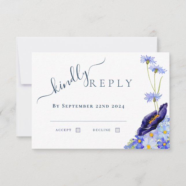 Moderne florale Wasserfarbe Blaue Hochzeitserkläru RSVP Karte (Vorderseite)