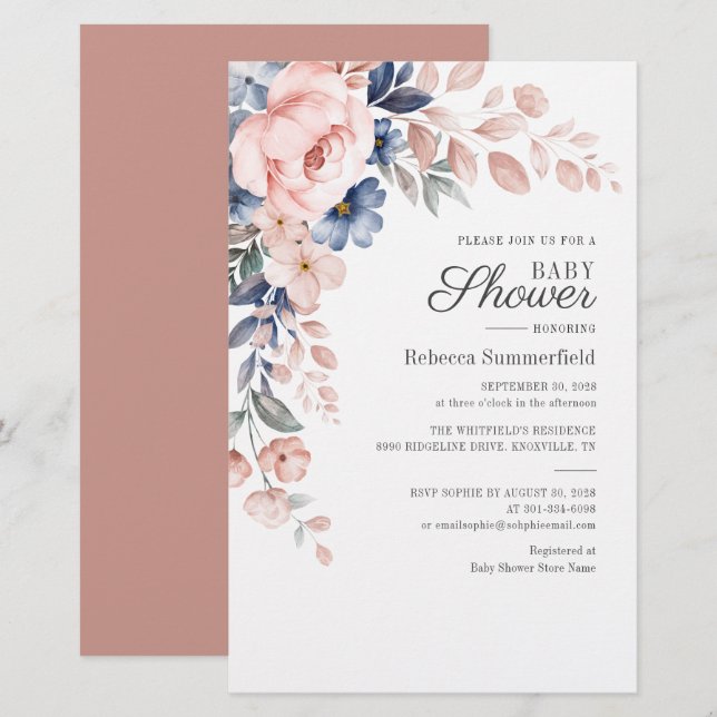Moderne florale Wasserfarbe Blue Pink Baby Dusche Briefpapier (Vorne/Hinten)