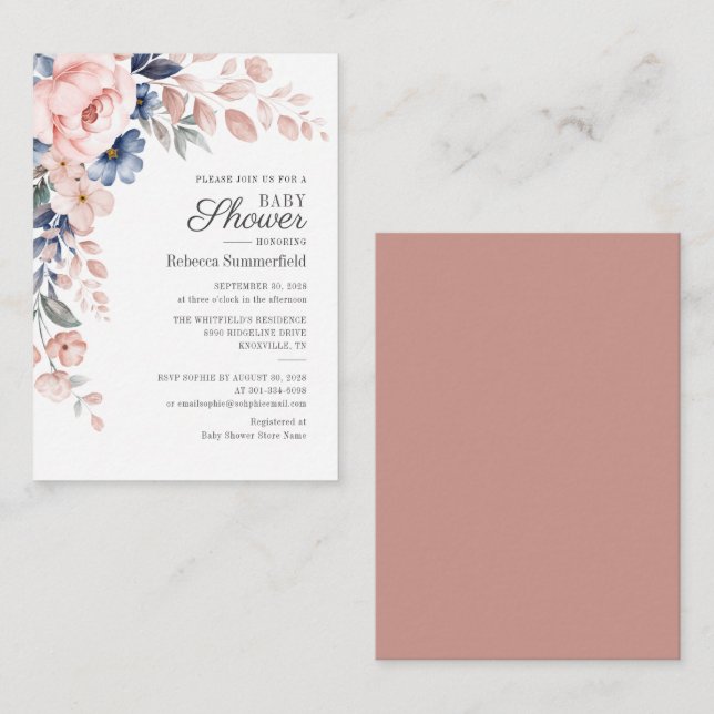 Moderne florale Wasserfarbe Blue Pink Baby Dusche Mitteilungskarte (Vorne/Hinten)