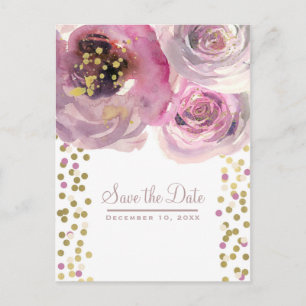Moderne Florale Wasserfarbe Pink & Gold 'Save the  Ankündigungspostkarte