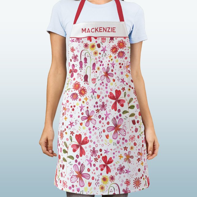 Moderne florale Wildblume Personalisierter Name Schürze (Modern watercolor wildflower pattern apron with personalized custom name)
