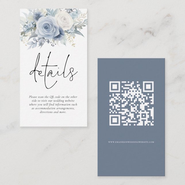 Moderne Florals QR Code Dusty Blue Wedding Details Begleitkarte (Vorne/Hinten)