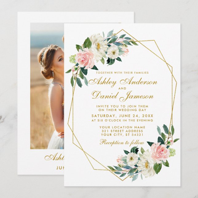 Moderne florrosa Goldrahmen Foto Back Wedding Einladung (Vorne/Hinten)