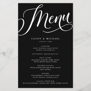 Moderne Flourish-Schrift, Schwarzes Papiermenü Flyer