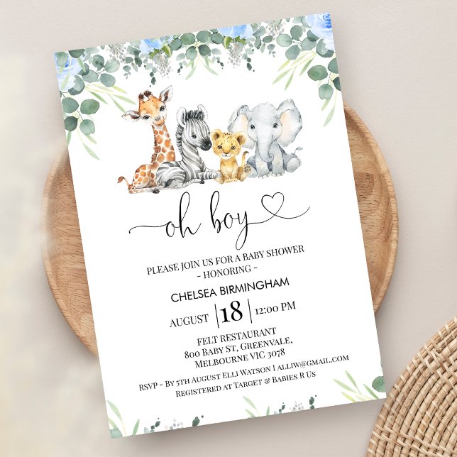 Moderne Foliage Blue Floral Safari Baby Dusche Einladung (Blue Floral Boys Safari Baby Shower Invitation, Oh Boy Heart, Editable Boy Safari Baby Shower Invite)