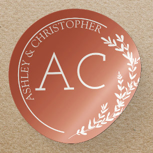 Moderne Foliage Frame Copper Red Wedding Runder Aufkleber