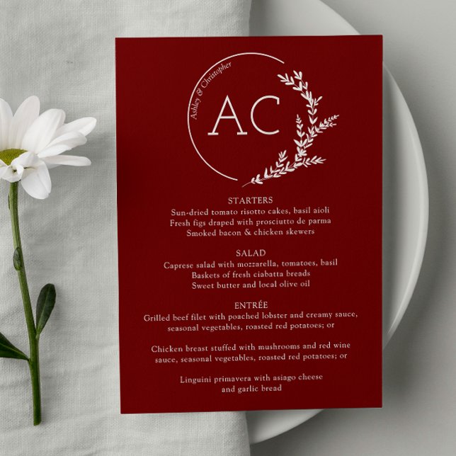 Moderne Foliage Frame Crimson Red Wedding Receptio Menükarte (Von Creator hochgeladen)