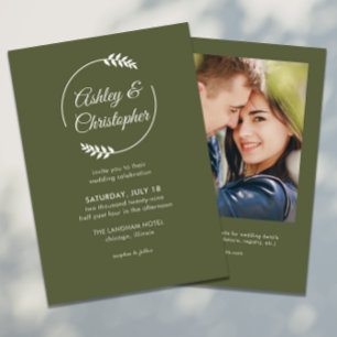 Moderne Foliage Frame Olive Green Foto Hochzeit Einladung