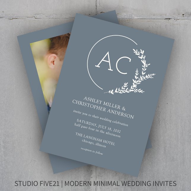 Moderne Foliage Frame Slate Gray Foto Wedding Einladung (Von Creator hochgeladen)