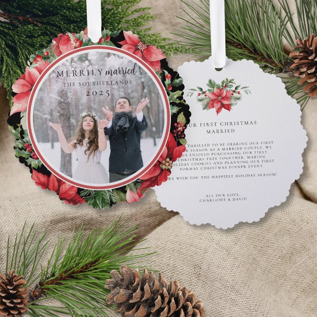 Moderne formale Blütenblüte Verheiratet, frisch ve Ornament Karte (elegant red floral winter wedding ornament holiday cards for elopement announcement christmas gifts)