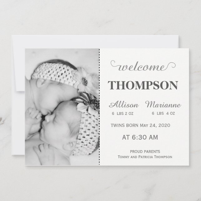 Moderne Foto Baby Announcement Card (Twins) Ankündigung (Vorderseite)