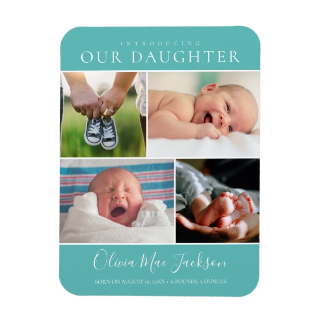 Moderne Foto Collage Baby Ankündigung Aquamarin Magnet (Vertikal)