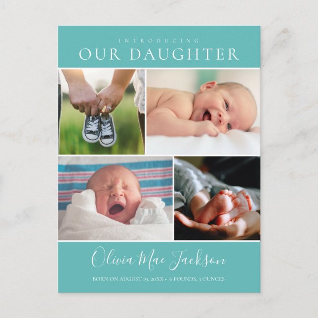 Moderne Foto Collage Baby Ankündigung Postkarte (Vorderseite)