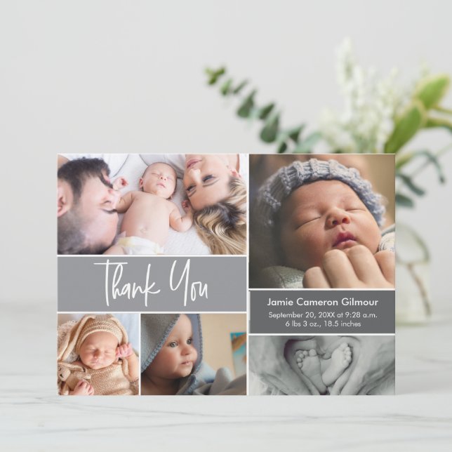 Moderne Foto Collage Baby Duschhandschrift Dankeskarte (Stehend Vorderseite)
