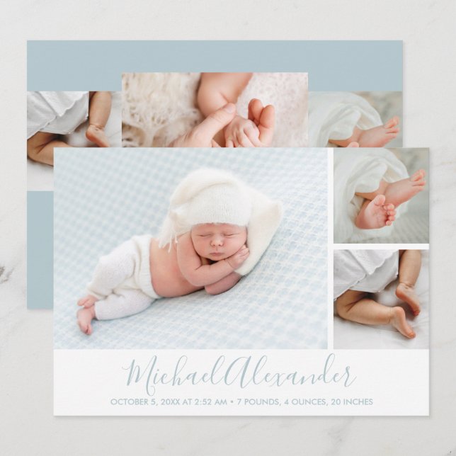 Moderne Foto Collage Baby Geburtsankündigung (Vorne/Hinten)