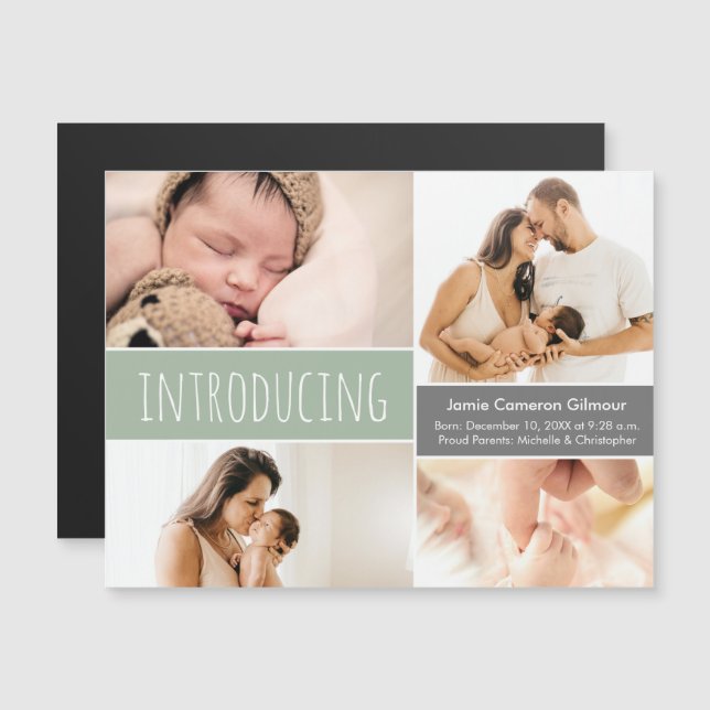Moderne Foto-Collage Einführung Green Baby Boy Magneteinladung (Vorne/Hinten)
