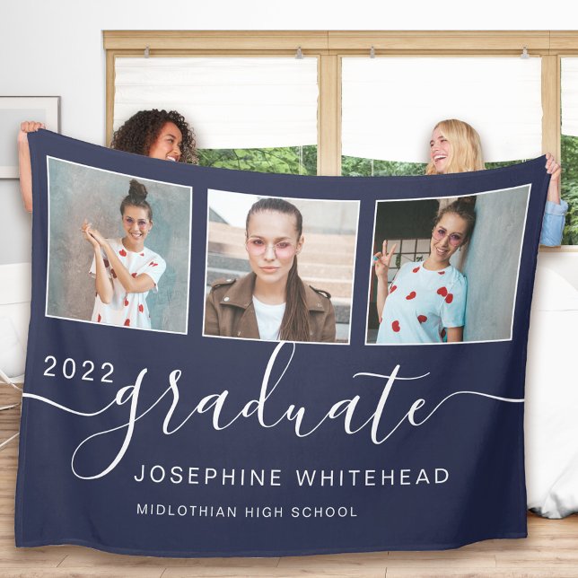 Moderne Foto Collage Graduate Navy Blue Fleecedecke (Elegant hand lettering photo collage graduation celebration blanket that you can personalize.)