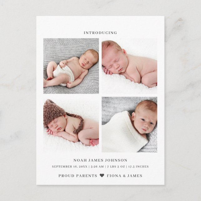 Moderne Foto Collage Grid Birth Ankündigungspostkarte (Vorderseite)