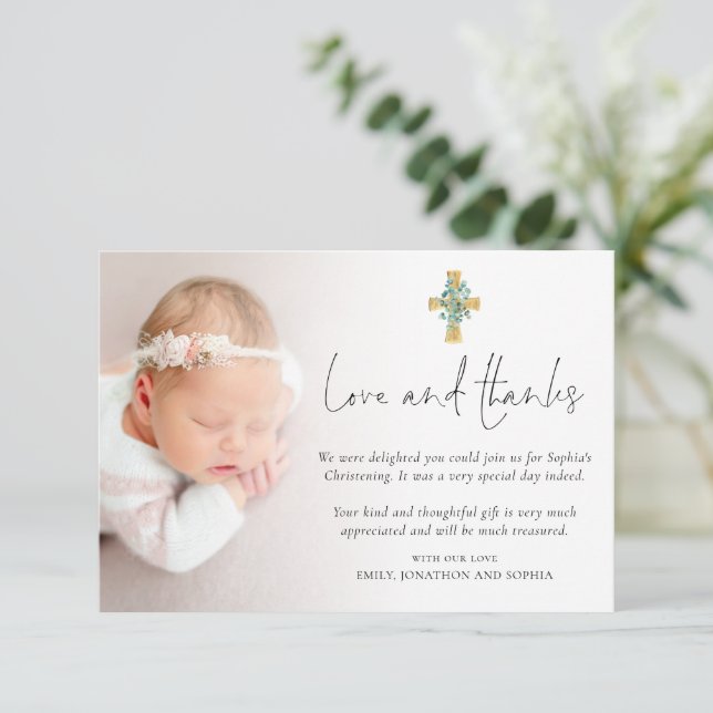 Moderne Foto Cross Christening Taufe Liebe dank Mitteilungskarte (Stehend Vorderseite)