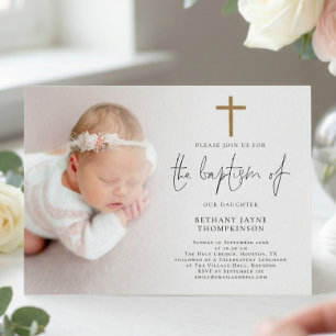 Moderne Foto Gold Glitter Kreuz Taufe Einladung