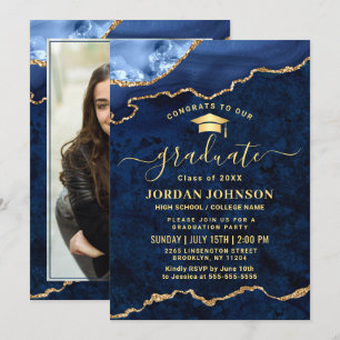 Moderne FOTO Golden Blue Marble Graduation Party Einladung