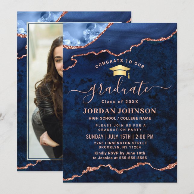 Moderne FOTO Golden Blue Marble Graduation Party Einladung (Vorne/Hinten)