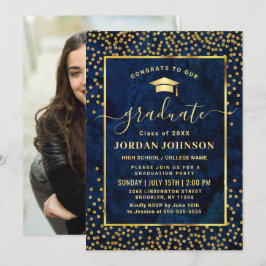 Moderne FOTO Golden Blue Marble Graduation Party Einladung