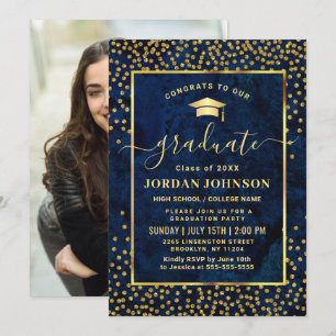 Moderne FOTO Golden Blue Marble Graduation Party Einladung